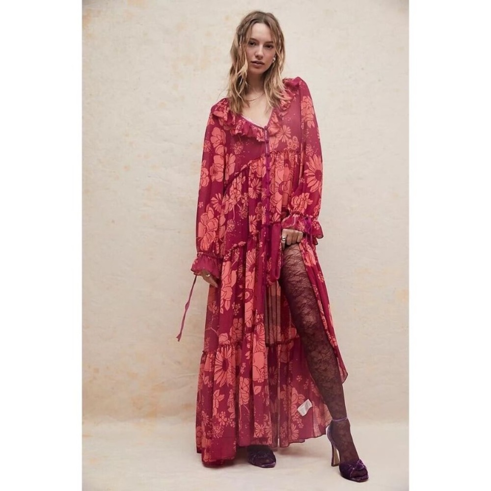 NWT FREE PEOPLE VALERIE RASPBERRY LONG SLEEVE MAXI DRESS SIZE S
